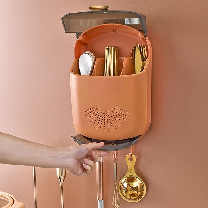 Fdit Wall Mounted Kitchen Utensil Holder with Cover Multifunctional Draining Chopstick Cage with Dust Prevention 3 Compartments Utensil Drying Rack for Cutlery Chopstick Spoons Forks (Orange)