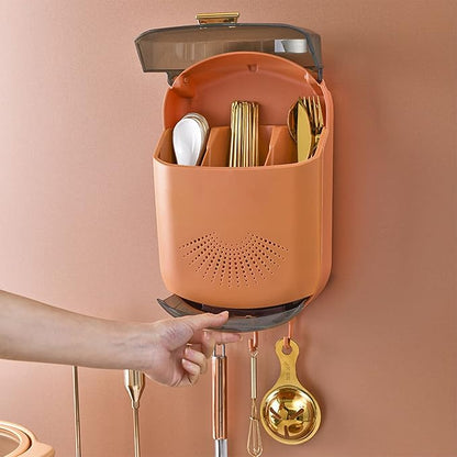 Fdit Wall Mounted Kitchen Utensil Holder with Cover Multifunctional Draining Chopstick Cage with Dust Prevention 3 Compartments Utensil Drying Rack for Cutlery Chopstick Spoons Forks (Orange)