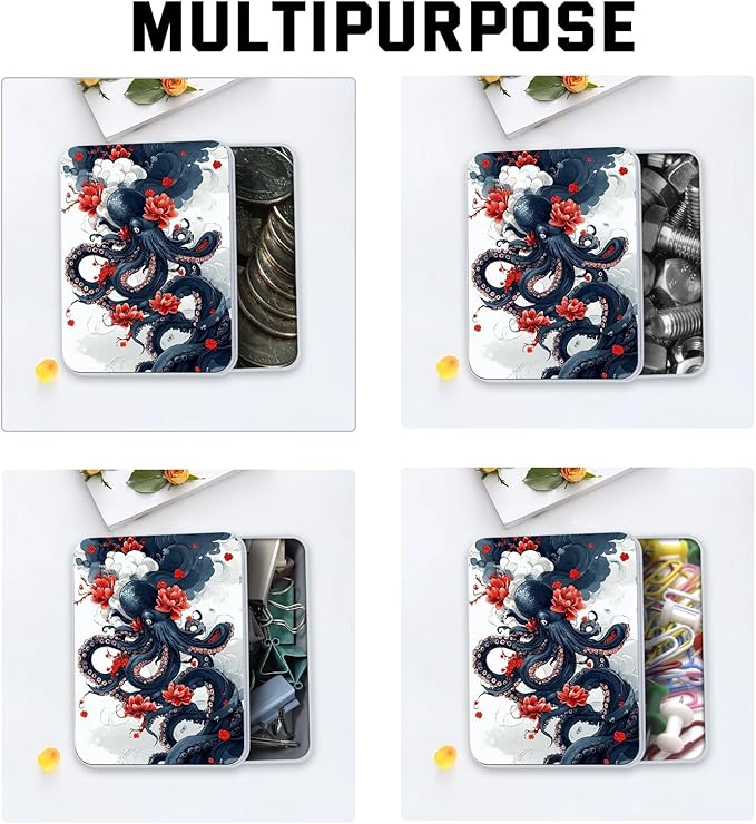 Metal Tin Box with Lid for Game Cards Home Organizer Candles Keys Crafts Storage - Equipped with 4 Magnetic Cord Clips，Octopus and Red Flower