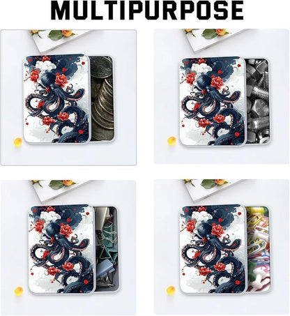 Metal Tin Box with Lid for Game Cards Home Organizer Candles Keys Crafts Storage - Equipped with 4 Magnetic Cord Clips，Octopus and Red Flower