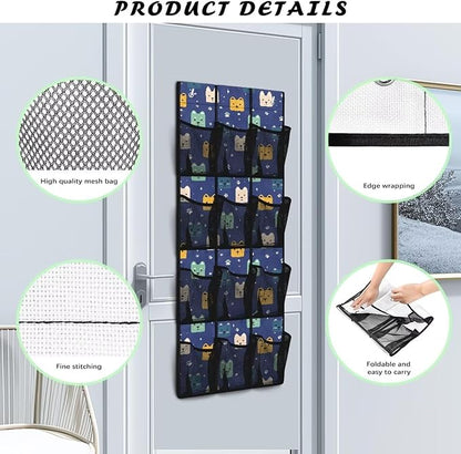 Shoe Organizer Over The Door 12 Pockets Door Hanger Organizer Bathroom Mesh Fabric Cute Cat Shoe Holder Hanger for Living Room Space Saving Wall Hanging Storage