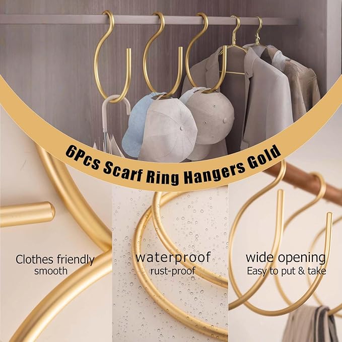 6Pcs Scarf Ring Hangers Gold, Belt Ring Hook Tie Rack Holders Closet Hanger Organizer Multi-Purpose S-Shaped Circle Storage Hook for Ties Scarves Baseball Cap Wardrobe Accessory Storage