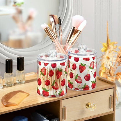 2 Pack Qtip Holder Dispenser for Cotton Ball Strawberry Cherry Red Swab Round Pads Clear Plastic Acrylic Jar Set Bathroom Canister
