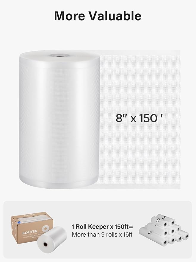 Kootek 8" x 150' Vacuum Sealer Bags Roll for Food with Cutter Dispenser, Commercial Grade Vacuum Seal Bags, BPA Free, Customized Size Food Bags for Storage, Meal Prep and Sous Vide