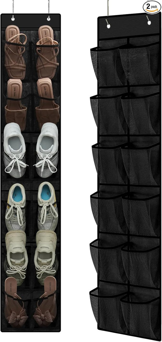 MSLOVE Narrow Over The Door Shoe Organizer, 12 Large Mesh Pockets Hanging Shoe Organizer for Closet Organizers and Storage, Black, 2 Pack