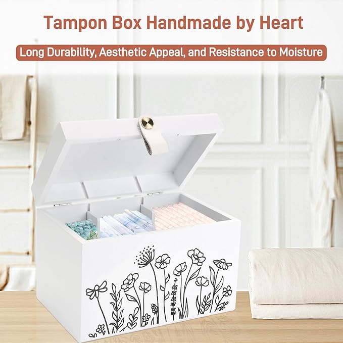 100% Solid Wood Tampon Holder Box with Lid, Copper Leather Pull, Absolute Real Wood Bathroom Decorative Box for Feminine Product Storage and Accessories such as Tampons, Cotton Balls, Gifts for Women