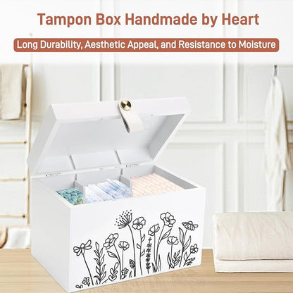 100% Solid Wood Tampon Holder Box with Lid, Copper Leather Pull, Absolute Real Wood Bathroom Decorative Box for Feminine Product Storage and Accessories such as Tampons, Cotton Balls, Gifts for Women