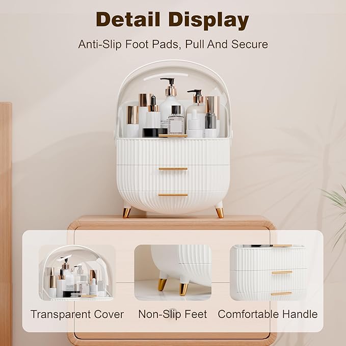 lurcns Makeup Organizers and Storage, Make up Organizer for Vanity Cosmetics Skincare Organizers With Lid and Drawers Display Cases for Countertop（White）