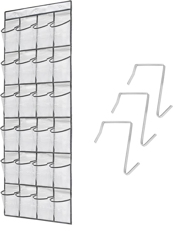Over the Door Shoe Organizer, 24 Large Breathable Mesh Pockets, Space Saving Hanging Storage Holder, Hangs on Closets for Shoes, Accessories, 3Hooks, GREY (66"x 19")