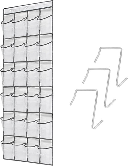 Over the Door Shoe Organizer, 24 Large Breathable Mesh Pockets, Space Saving Hanging Storage Holder, Hangs on Closets for Shoes, Accessories, 3Hooks, GREY (66"x 19")
