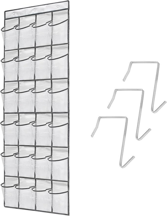 Over the Door Shoe Organizer, 24 Large Breathable Mesh Pockets, Space Saving Hanging Storage Holder, Hangs on Closets for Shoes, Accessories, 3Hooks, GREY (66"x 19")