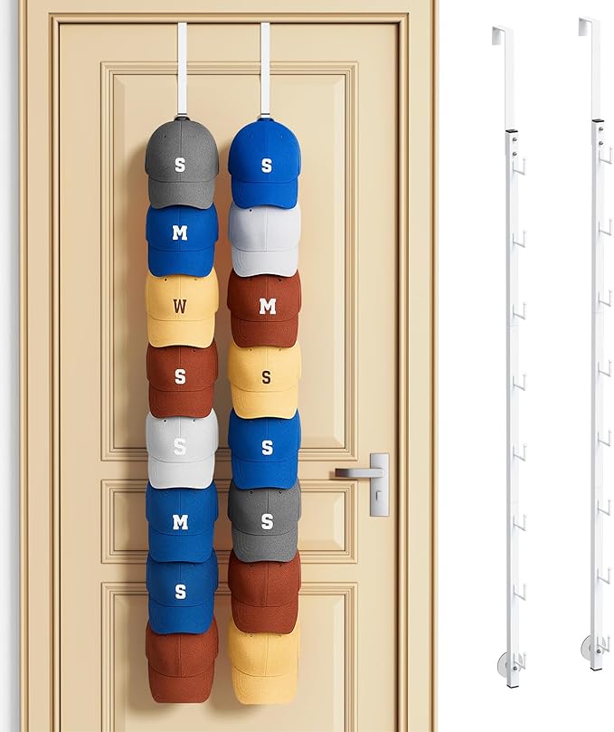 SWTYMIKI Over Door Hat Organizer - 2 Packs Metal Wall Mounted Hat Rack with 16 Hooks Design, Hanging Baseball Cap Organizer Storage Holds up to 32 Caps for Door, Bedroom, Closet(White)