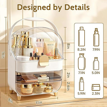 Makeup Organizer with Drawers-Cosmetic Display Case for Vanity-Skincare Organizer with 360 Rotating Brush Holder,Large Storage Box Dresser for Women Gifts, Bathroom Countertop,Gold