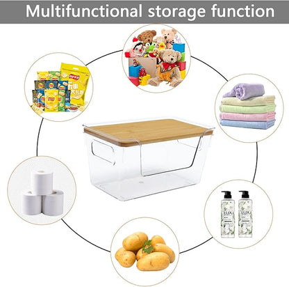 2 Pack Snack Station Organizer for Pantry Shelf,Snack Bar Station Storage Basket with Handle & Wooden Lid,Stackable Plastic Baskets for Storage Pantry Bins Organizer,Kitchen Organization Box