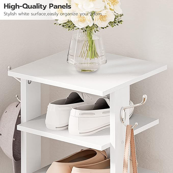 HOOBRO 8 Tiers Vertical Shoe Rack, Wooden Shoe Storage Organizer with Hooks, Narrow Shoe Tower for 8 Pairs, Space Saving, for Entryway, Living Room, Bedroom, White WT07XJ01G1