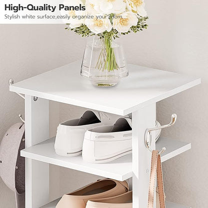 HOOBRO 8 Tiers Vertical Shoe Rack, Wooden Shoe Storage Organizer with Hooks, Narrow Shoe Tower for 8 Pairs, Space Saving, for Entryway, Living Room, Bedroom, White WT07XJ01G1