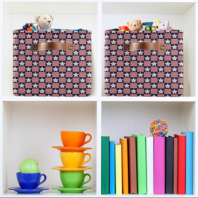 Large Storage Basket Usa Stars and Stripe Foldable Storage Box Organizer Bins with Handles for Bedroom Home Office
