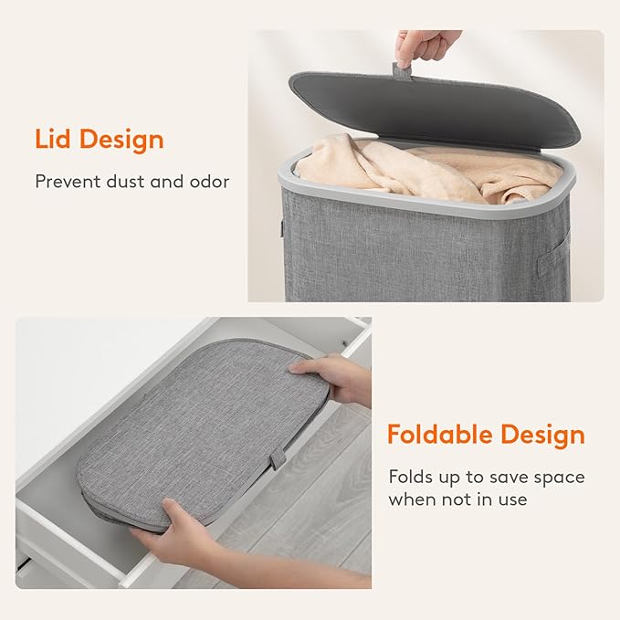 Lifewit Slim Laundry Basket with Lid, Narrow Large Laundry Hamper with Plastic Handles and Removable Bag, Tall Foldable Dirty Clothes Hampers for Laundry Room, Bedroom, Bathroom, Dorm, 75L Gray