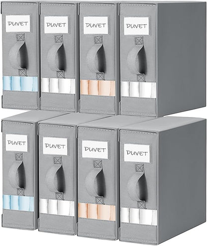 DIMJ Bed Sheet Organizers and Storage 8 Pack - Foldable Sheet Holder for Linen Bedding Storage Box for organization, Sheets Set Holder for Blanke, Towel (King & Queen Size), Grey