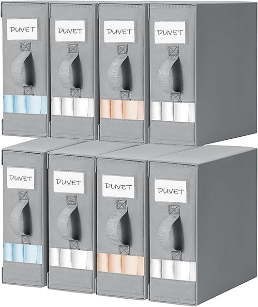 DIMJ Bed Sheet Organizers and Storage 8 Pack - Foldable Sheet Holder for Linen Bedding Storage Box for organization, Sheets Set Holder for Blanke, Towel (King & Queen Size), Grey