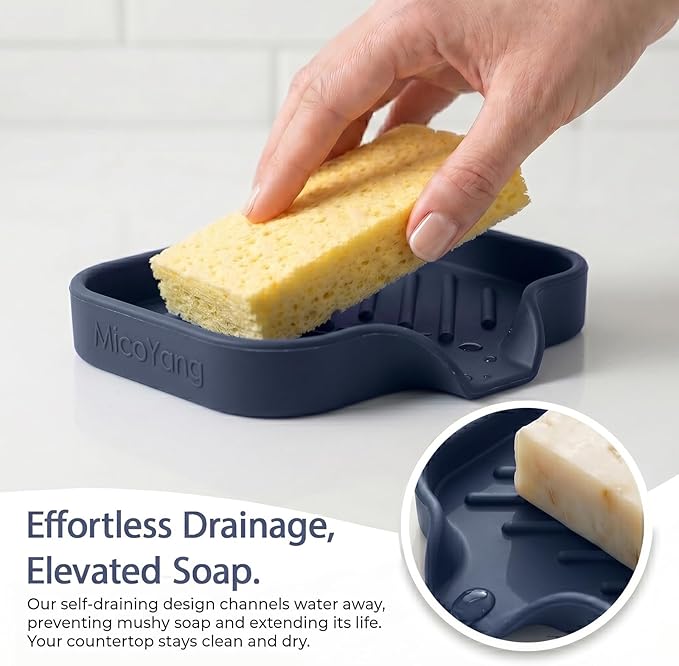 MicoYang Silicone Bathroom Soap Dishes with Drain Spout-Kitchen Sink Organizer,Sponge Holder,Dish Soap Tray,Perfect for Dispenser,Scrubber,Bottle,Cup on Sink or Counter-Navy Blue 4.9"×3.2"