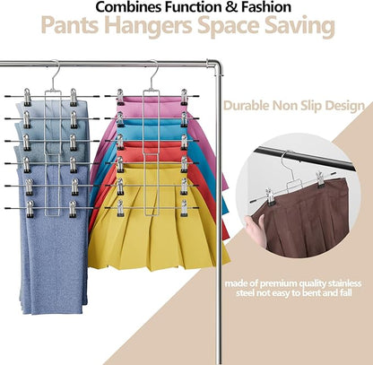 6 Pack Pants & Skirt Hangers Space Saving Hanging Closet Organizer and Storage, Upgrade Skirt Hangers with Clips and 360° Swivel Hook, Closet Storage