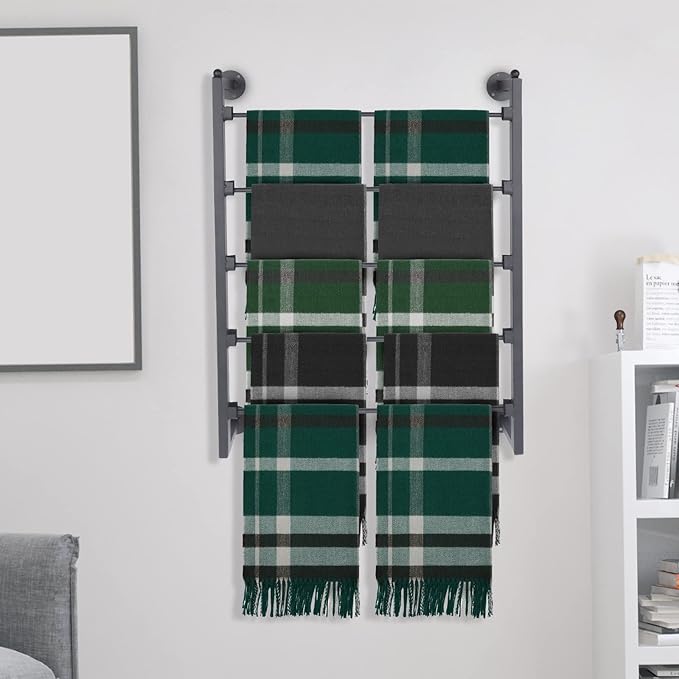 TFCFL 5 Tier Wall Mounted Scarf Rack, Retail Display Tie & Scarf, Belt Towel Hold, Ribbons Rack, Space-Saving Wrapping Paper Organizer Ribbon Holder (Black)