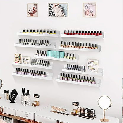 Nail Polish Wall Rack, 6-Shelf 15-Inch White Acrylic Nail Polish Shelves with Removable Ends – Multi-Purpose Shelf for Essential Oils, Cosmetics Storage and Display for Salons and Bathrooms