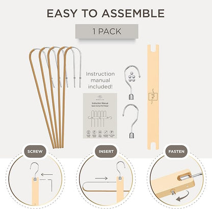 MORALVE Pants Hangers Space Saving - European Beechwood Scarf and Jean Hangers - Closet Organizer and Space Saver Pant Rack, Leggings Hanger, and Scarf Holder with 360° Swivel Hook (1 Pack)