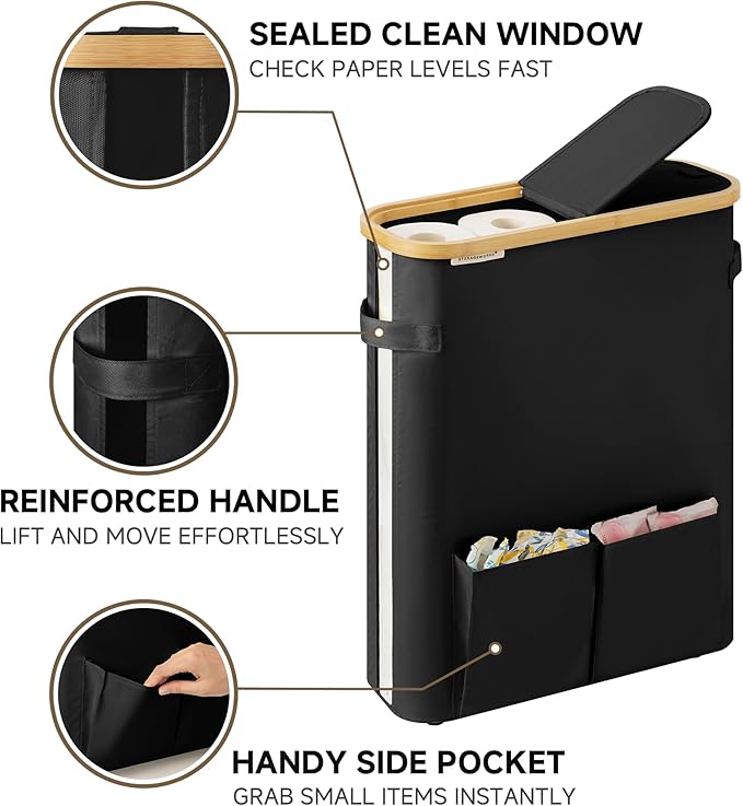 StorageWorks Toilet Paper Storage Baskets with Dual Flip Lids, Toilet Paper Organizer for Bathroom, Toilet Paper Container with Side Pocket, Holds 15 Mega or 20 Regular Rolls, Large, Black