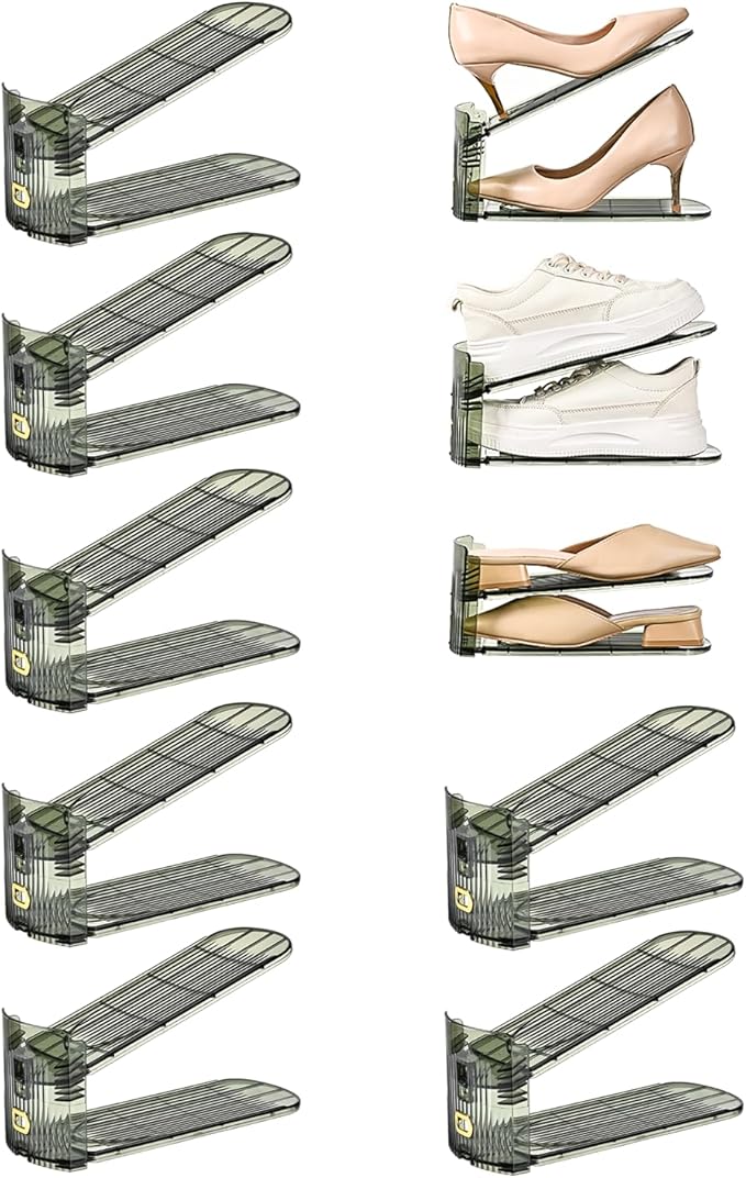 Shoe Slots Organizer, Clear Shoe Stacker, Adjustable Level Shoe Rack,Storage Space Saver for Sneakers Display (Green Transparent, 10Pack)