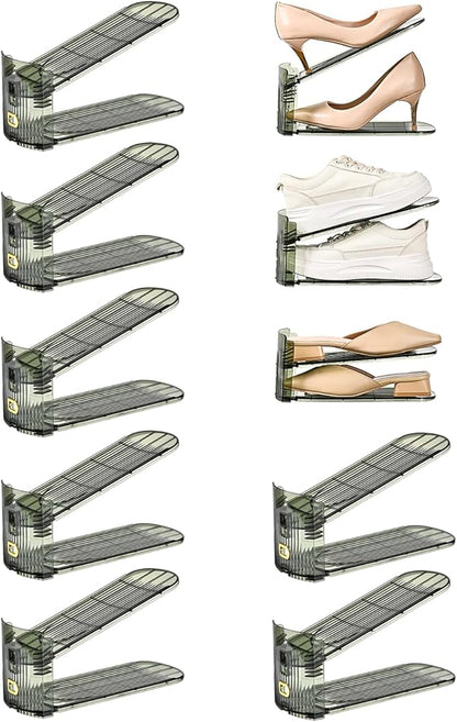 Shoe Slots Organizer, Clear Shoe Stacker, Adjustable Level Shoe Rack,Storage Space Saver for Sneakers Display (Green Transparent, 10Pack)