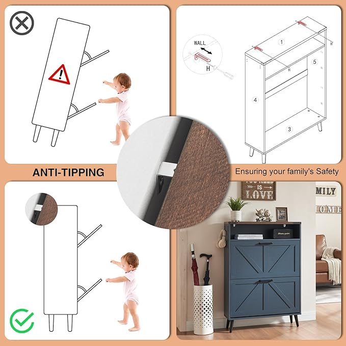 Barnyatoh Shoe Storage Cabinet,Farmhouse Shoe Organizer with 2 Flip Drawers & Barn Door Design,Freestanding Hidden Slim Narrow Shoe Rack Cabinet with Open Storage for Entryway, Foyer,Hallway,Navy Blue