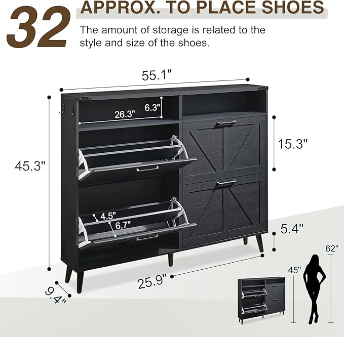 Shoe Storage Cabinet, Farmhouse Shoe Organizer with 4 Flip Drawers & Barn Door,Freestanding Hidden Slim Narrow Shoe Rack with Open Shelves for Entryway, Foyer, Hallway, Black