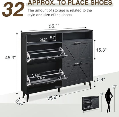 Shoe Storage Cabinet, Farmhouse Shoe Organizer with 4 Flip Drawers & Barn Door,Freestanding Hidden Slim Narrow Shoe Rack with Open Shelves for Entryway, Foyer, Hallway, Black