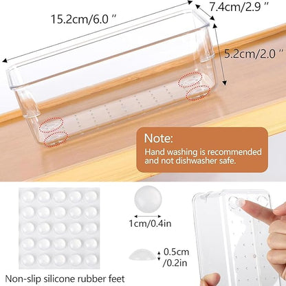 6Pcs Clear Plastic Drawer Organizers Tray 6" x 3" Storage Bins with 25Pcs Non-slip Pads for Makeup, Jewelries, Kitchen Utensils, Bathroom and Office