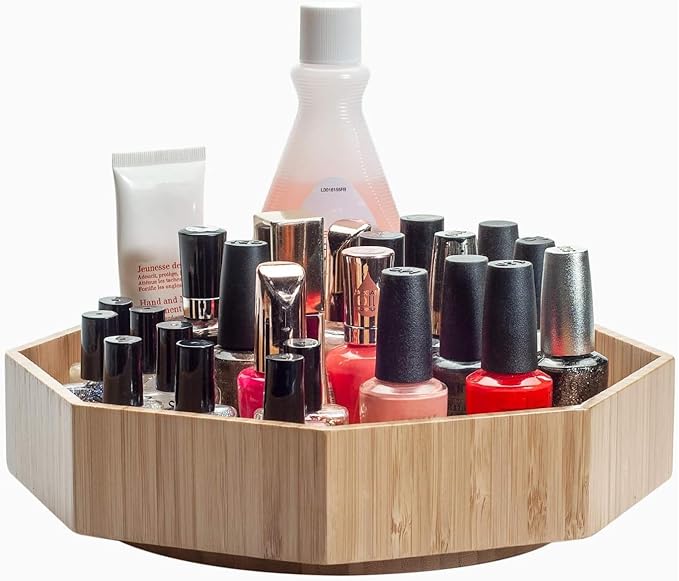 Bamboo 360 Rotating Bathroom Toiletry & Cosmetic Spinning Tray for Countertops and Vanity with Lazy Susan Turntable, 10” Diameter with 2” Ledge