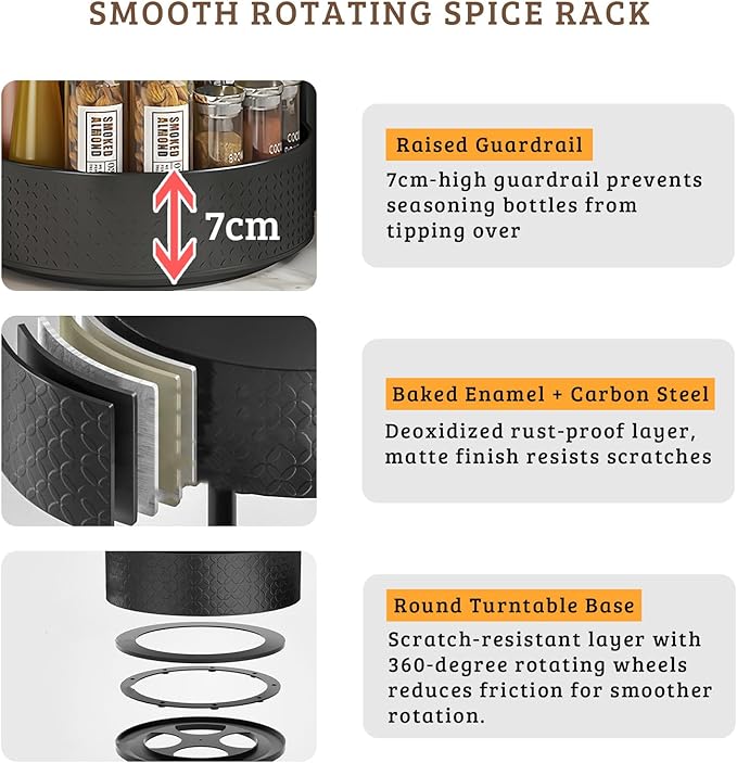Rotating Spice Rack with Paper Towel Holder, 2 Tier Turntable Lazy Susan, Seasoning Organizer for Kitchen Countertop Cabinet, Black