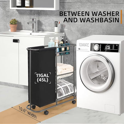 Rolling Laundry Cart with Wheels: 3-Tier Laundry Caddy Between Washer and Dryer - Heavy Duty Wrapping Paper Cart with 45L Bag for Narrow Space Laundry Room Bathroom Bedroom Black