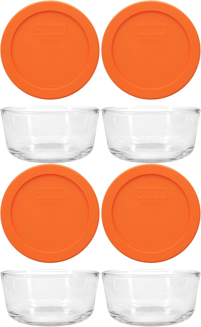 Pyrex 7200 2 Cup Glass Bowls & 7200-PC Orange Food Storage Replacement Lids (4-Pack) - Made in USA