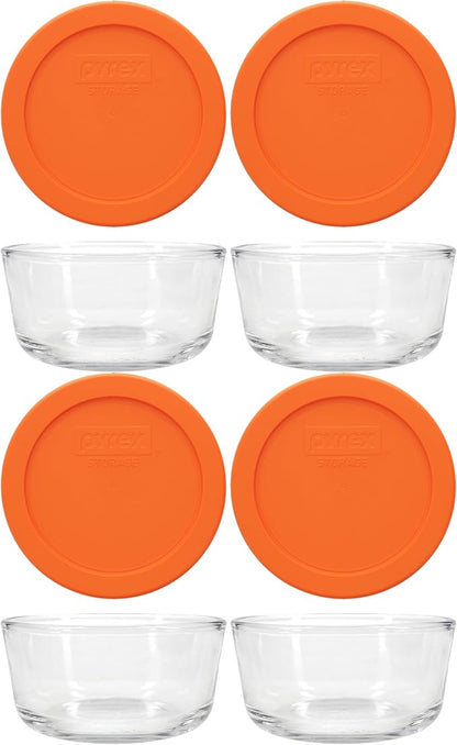 Pyrex 7200 2 Cup Glass Bowls & 7200-PC Orange Food Storage Replacement Lids (4-Pack) - Made in USA