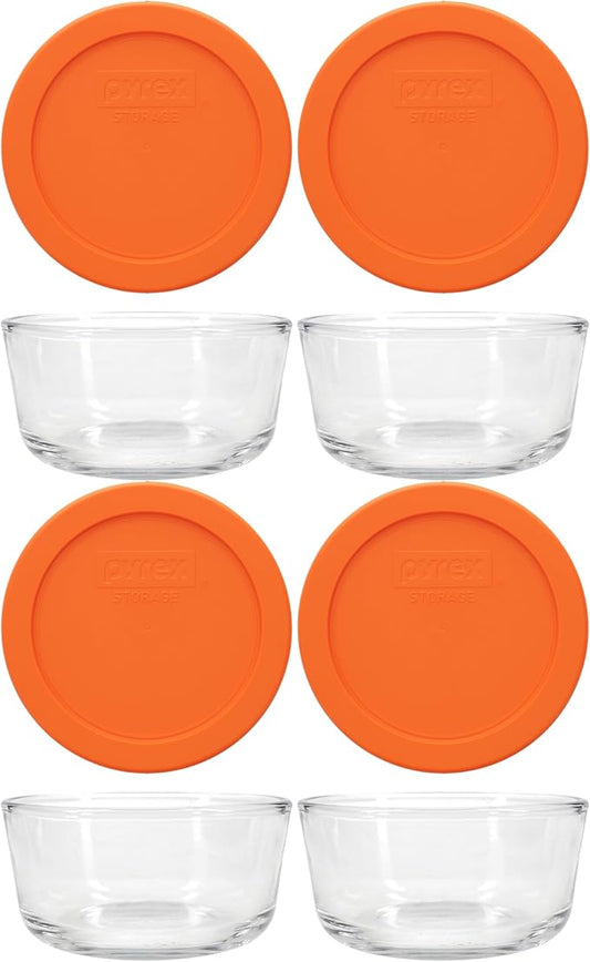 Pyrex 7200 2 Cup Glass Bowls & 7200-PC Orange Food Storage Replacement Lids (4-Pack) - Made in USA