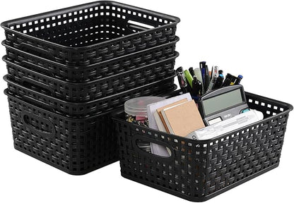 Sandmovie Black Plastic Rattan Storage Baskets, 6 Packs