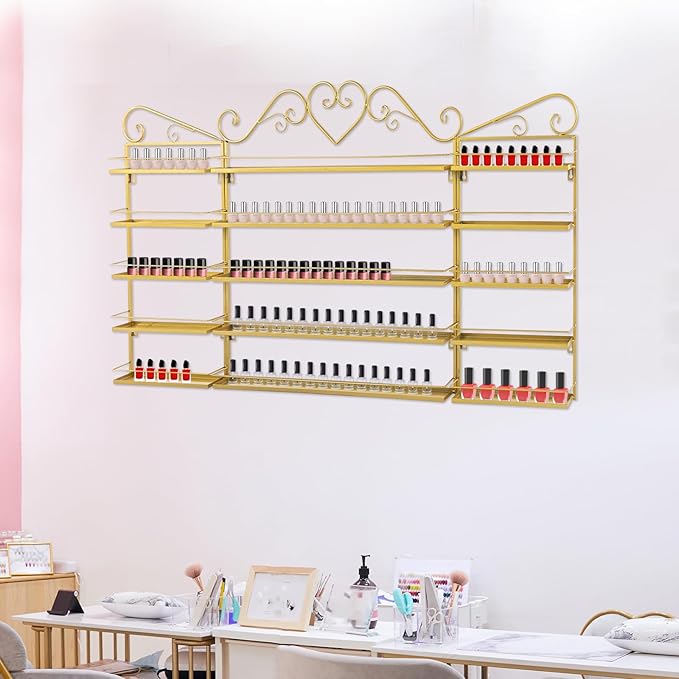 5-Tier Wall-Mounted Nail Polish Storage Racks Set of 3, Metal Cosmetic Display Case with Lipstick Perfume Shelf, Essential Oil Organizer for Home Spa Nail Salon Shop(Gold)