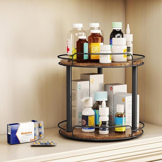 LAMU 12'' Wood Lazy Susan Turntable Organizer for Cabinet, 2 Tier Lazy Susan Spice Rack Organizer for Kitchen, Table Top, Countertop, Pantry, Bathroom