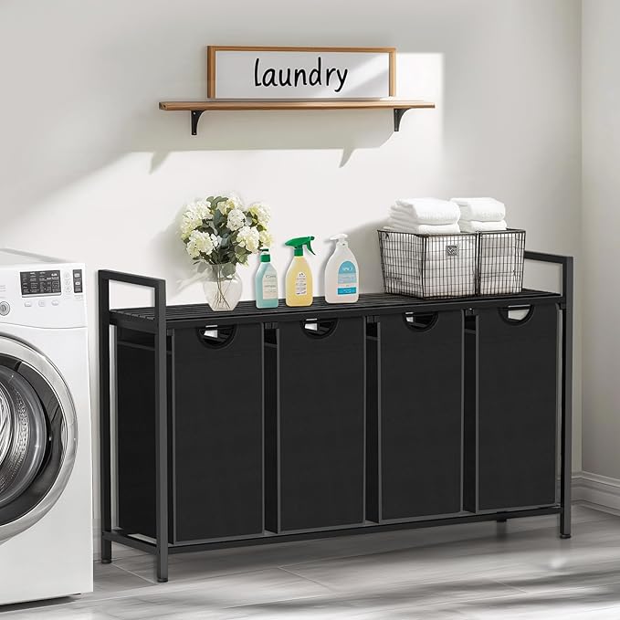Sonharlar Laundry Hamper, Laundry Sorter with 4 Pull-Out Removable Oxford Fabric Bags Cloth Laundry Basket 4 x 10 Gallons (Charcoal Black)