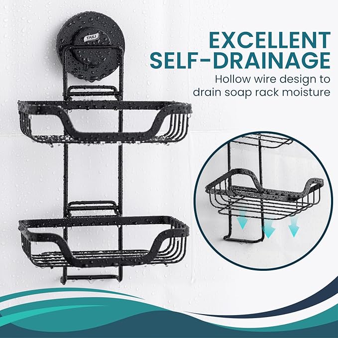 TAILI Double Layer Soap Holder, Drill-Free Bar Soap Dish Tray Suction Cup, Draining for Shower Wall, Bath Storage, Rustproof Stainless Steel Sponge Holder for Tub, Kitchen, Black