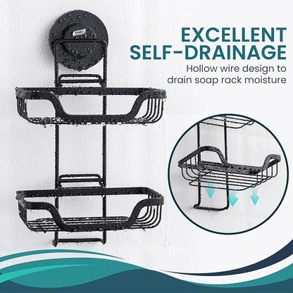 TAILI Double Layer Soap Holder, Drill-Free Bar Soap Dish Tray Suction Cup, Draining for Shower Wall, Bath Storage, Rustproof Stainless Steel Sponge Holder for Tub, Kitchen, Black