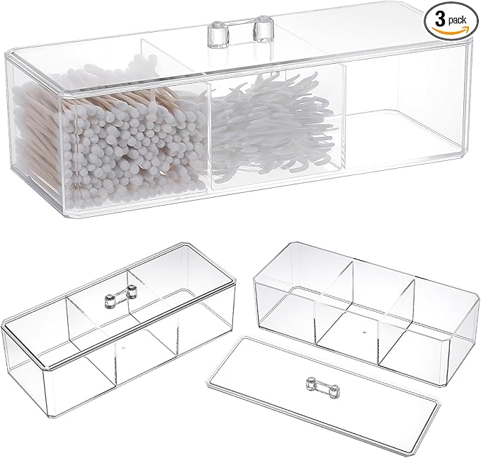 3 Pack Clear Acrylic Organizer with Lid, 3 Compartments Cotton Ball and Swab Holder Jar, Waterproof Bathroom Storage Containers for Vanity, Makeup Pads, Cosmetics, 8.94x3.54x2.56 Inch