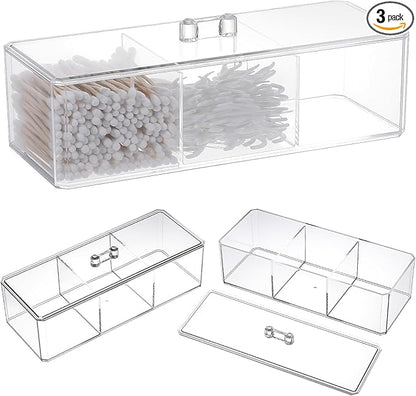 3 Pack Clear Acrylic Organizer with Lid, 3 Compartments Cotton Ball and Swab Holder Jar, Waterproof Bathroom Storage Containers for Vanity, Makeup Pads, Cosmetics, 8.94x3.54x2.56 Inch